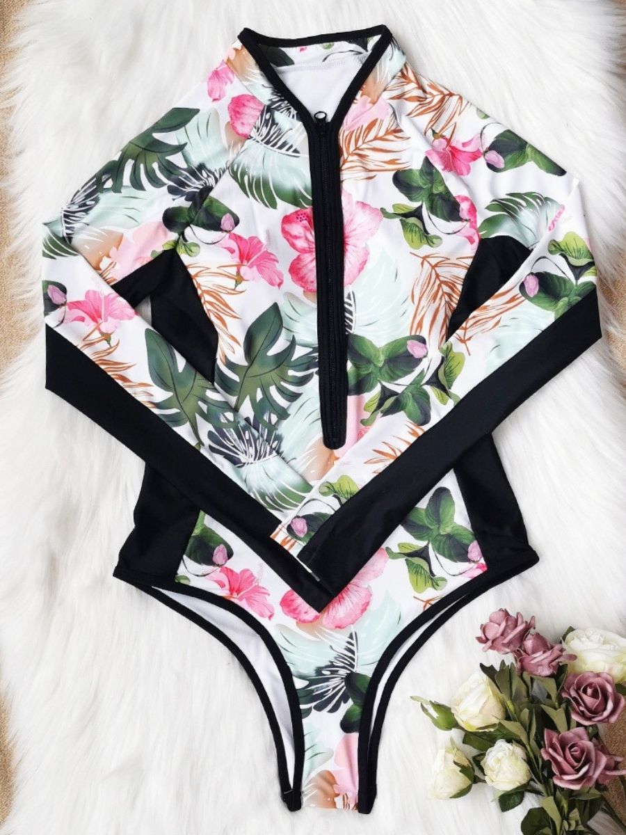 Palm Leaf Print Long Sleeve Zip UPF50+ Rash Guard