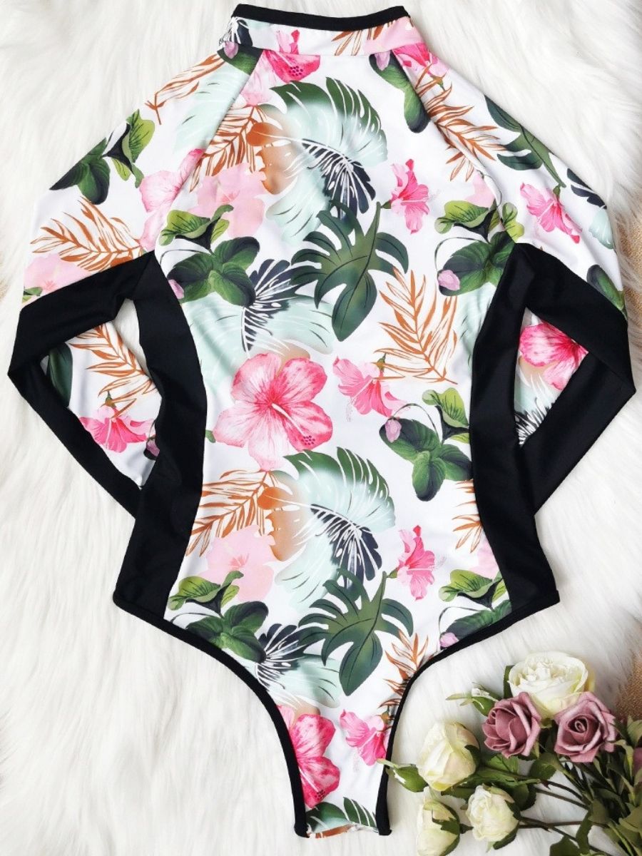 Palm Leaf Print Long Sleeve Zip UPF50+ Rash Guard