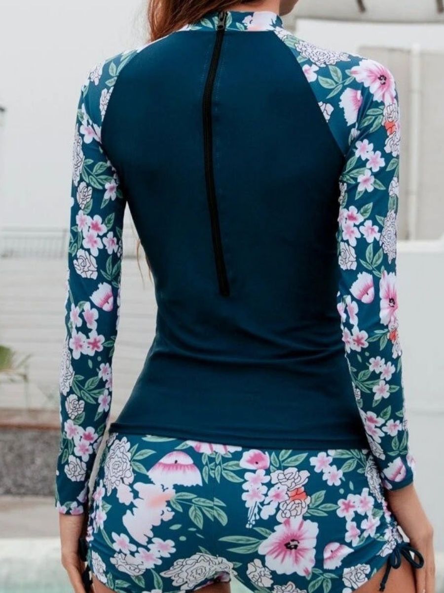 Navy Floral Printed High Neck Zip Two Pieces Long Sleeve UPF50+ Rash Guard