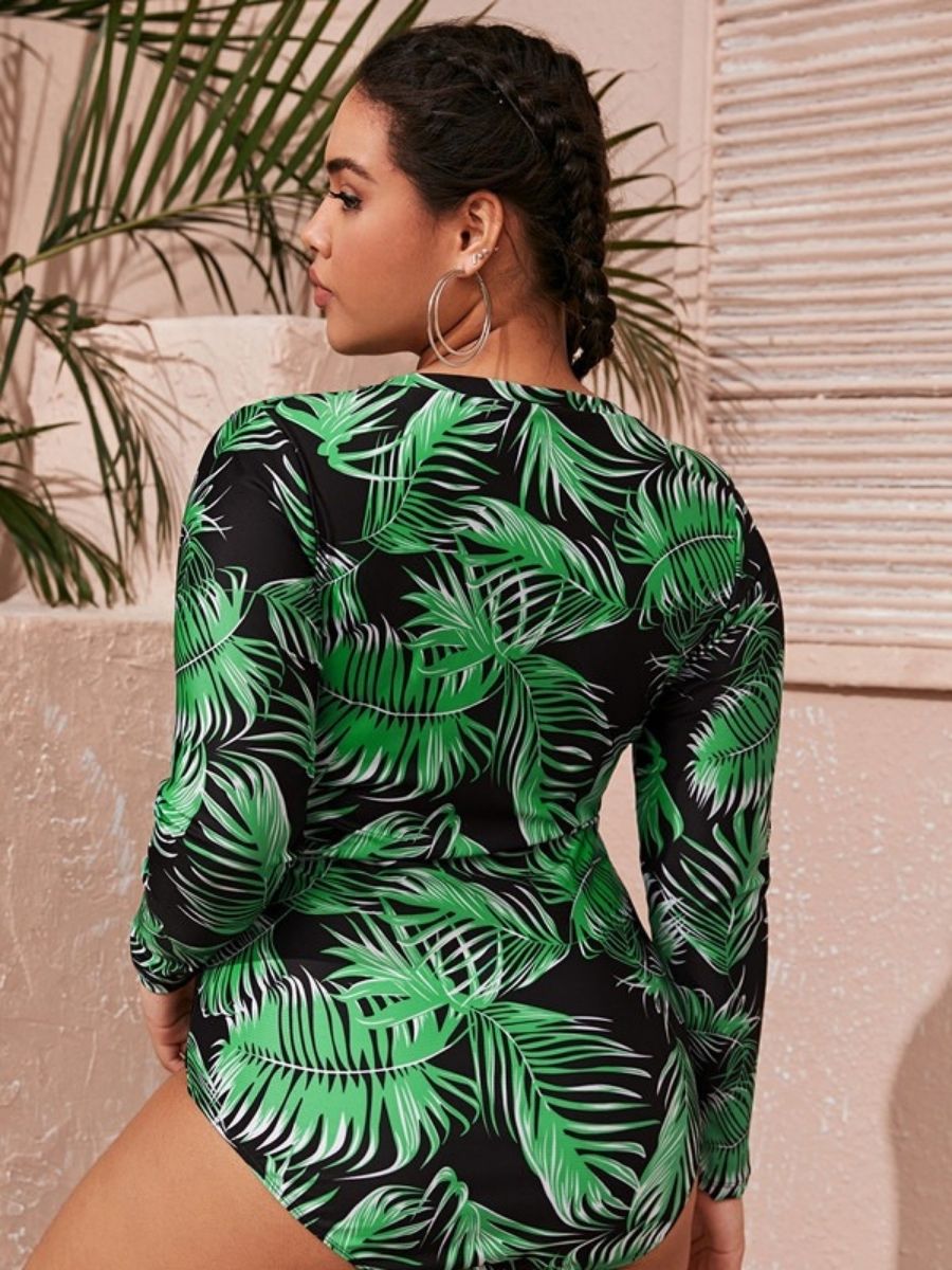 Plus Size Green Leaves Print Long Sleeve UPF50+ Rash Guard