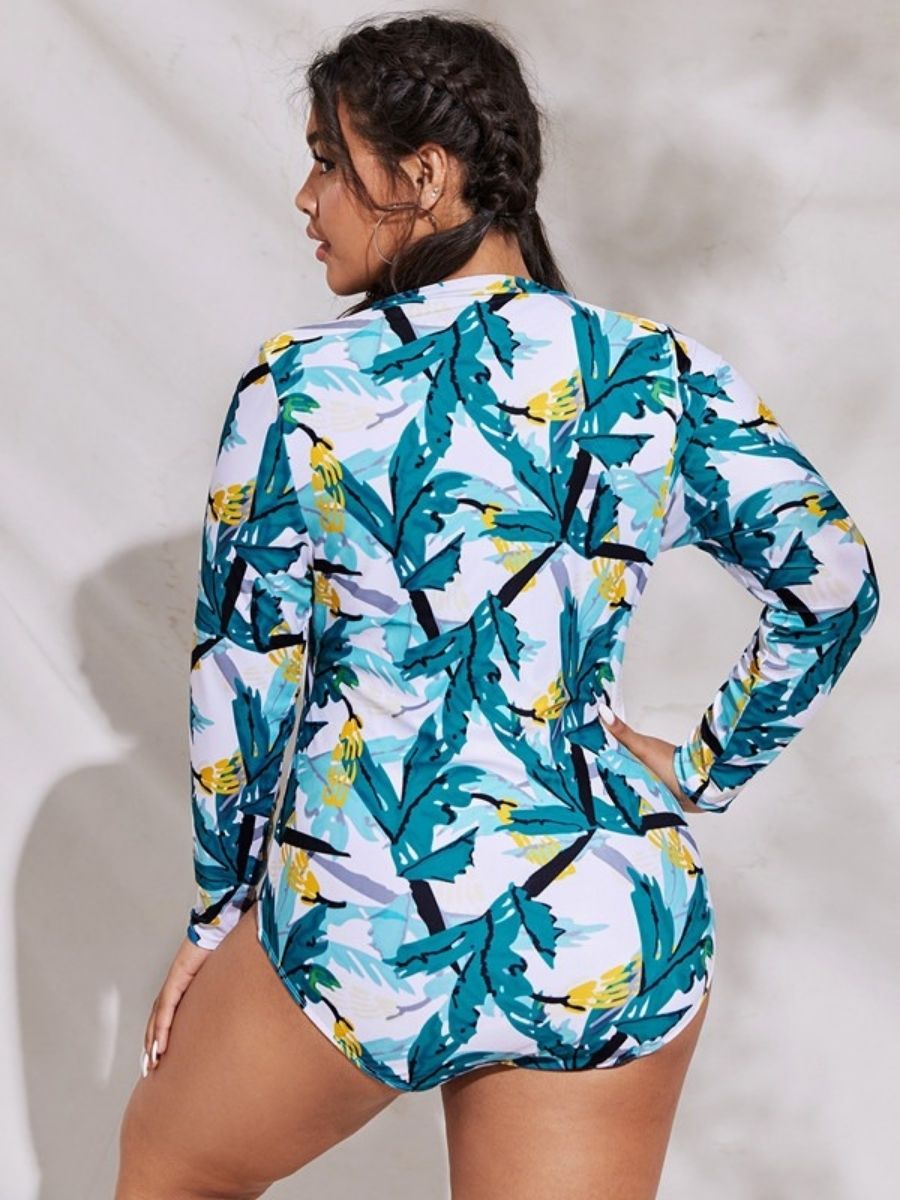 Plus Size Tropical Doodle Print Long Sleeve UPF50+ Rash Guard