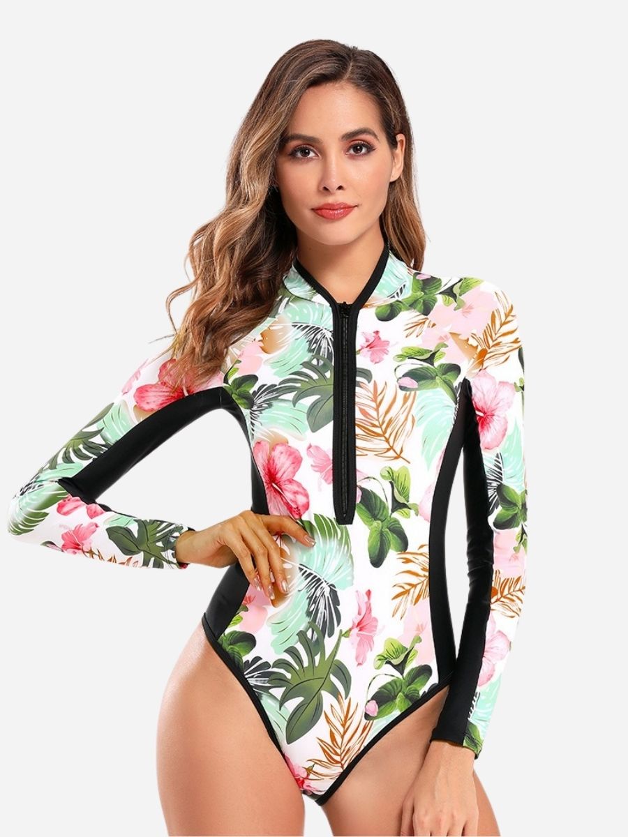 White Long Sleeve Floral Print Zip UPF50+ Rash Guard