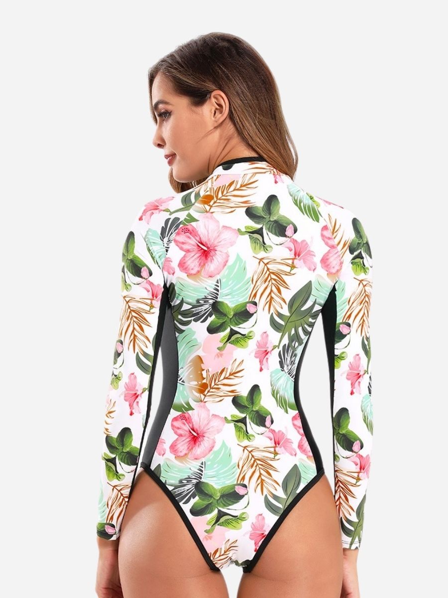 White Long Sleeve Floral Print Zip UPF50+ Rash Guard