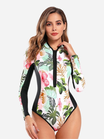 White Long Sleeve Floral Print Zip UPF50+ Rash Guard
