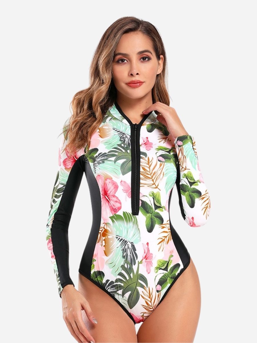 White Long Sleeve Floral Print Zip UPF50+ Rash Guard