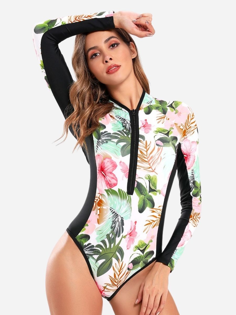 White Long Sleeve Floral Print Zip UPF50+ Rash Guard