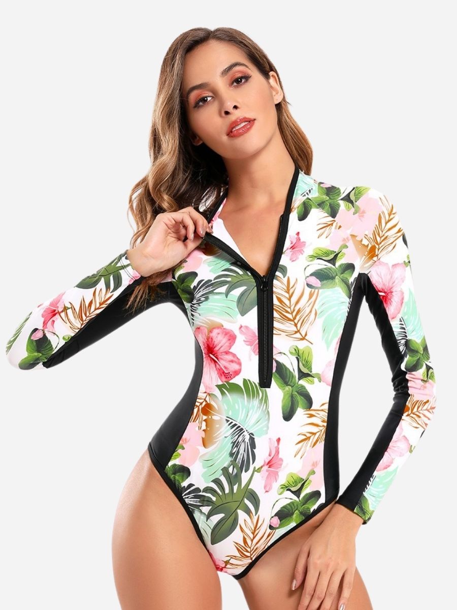 White Long Sleeve Floral Print Zip UPF50+ Rash Guard