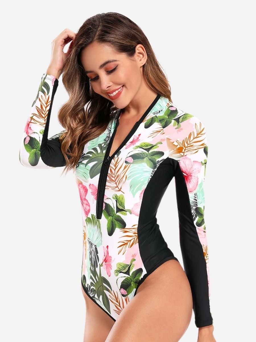White Long Sleeve Floral Print Zip UPF50+ Rash Guard