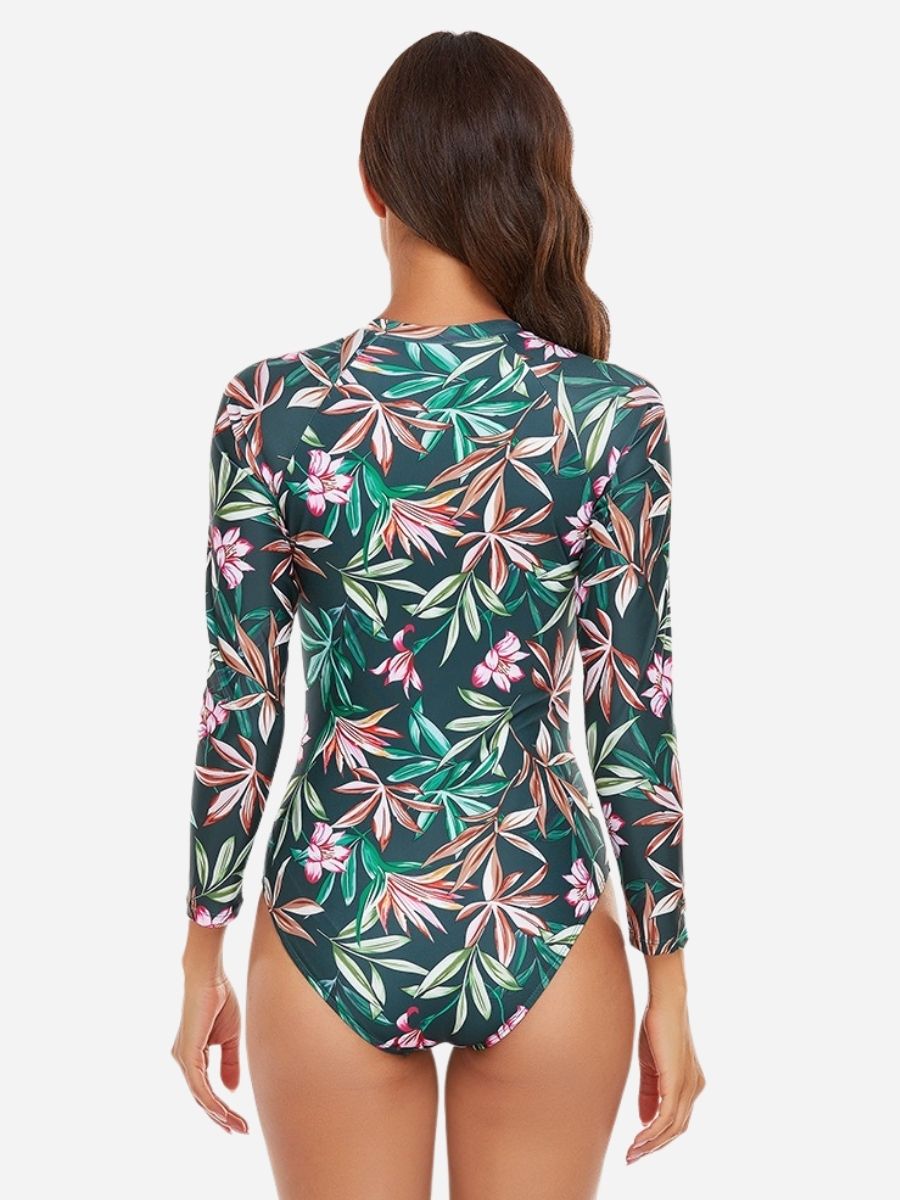 Green Print Long Sleeve Front Zip UPF50+ Rash Guard