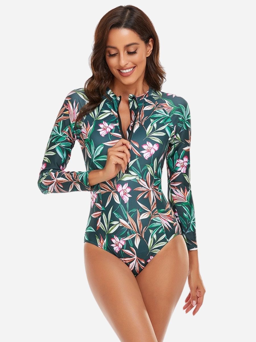 Green Print Long Sleeve Front Zip UPF50+ Rash Guard