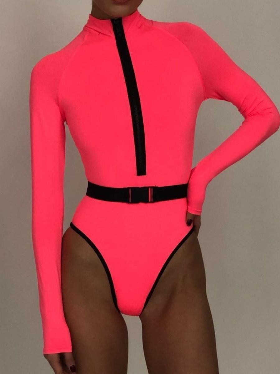 Fluorescent Color Half Zip Long Sleeve UPF50+ Belted Rash Guard