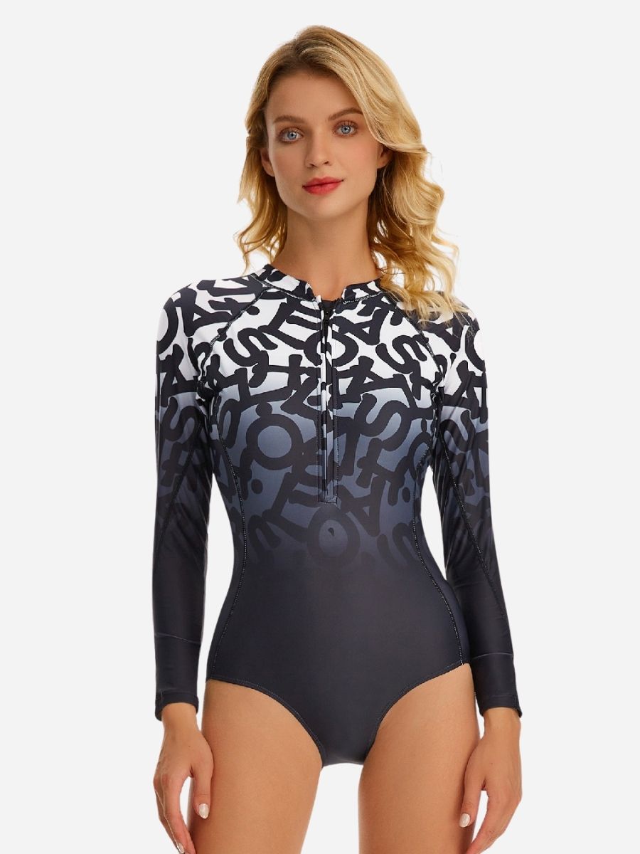 Letter Printed Ombre Long Sleeve Zip UPF50+ Rash Guard
