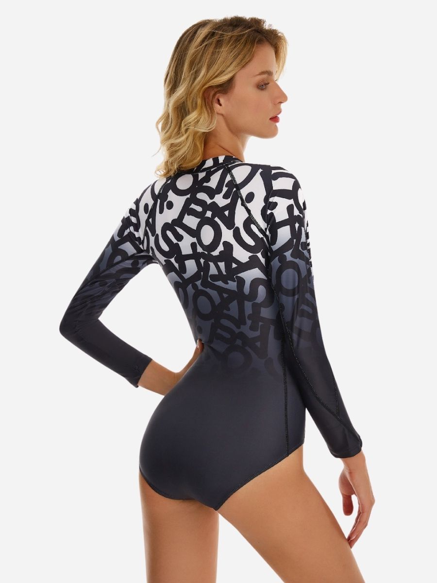 Letter Printed Ombre Long Sleeve Zip UPF50+ Rash Guard