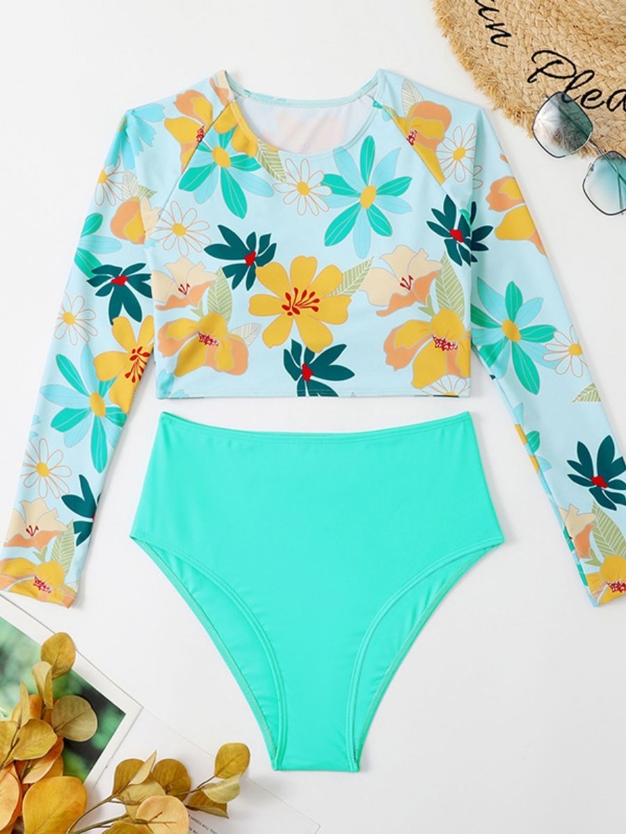 Floral Print Long Sleeve Two Pieces UPF50+ Rash Guard