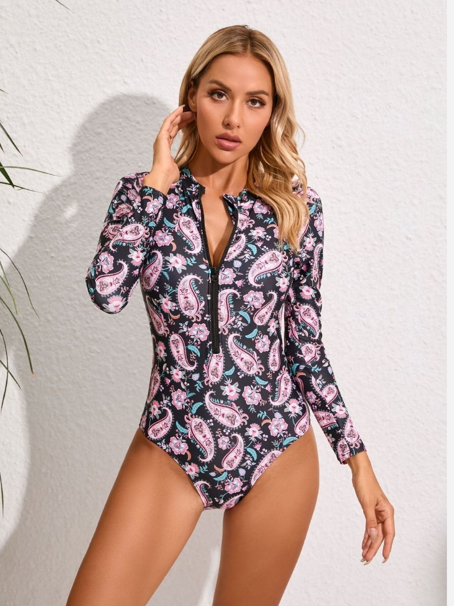 Paisley Black Bottom Printed One Piece Swimsuit Long Sleeve UPF50+ Rash Guard
