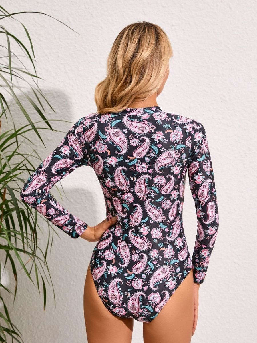 Paisley Black Bottom Printed One Piece Swimsuit Long Sleeve UPF50+ Rash Guard
