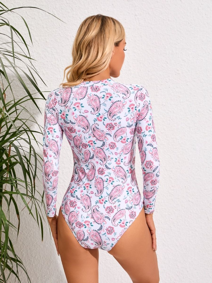 Paisley White Bottom Printed One Piece Swimsuit Long Sleeve UPF50+ Rash Guard