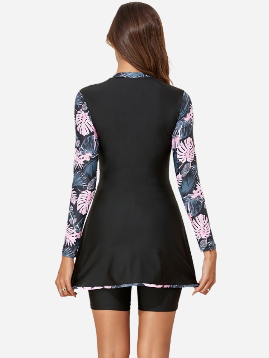 Distinctive Print Long Sleeve Swim Dress Swimsuit UPF50+ Rash Guard (+Boxer Briefs)