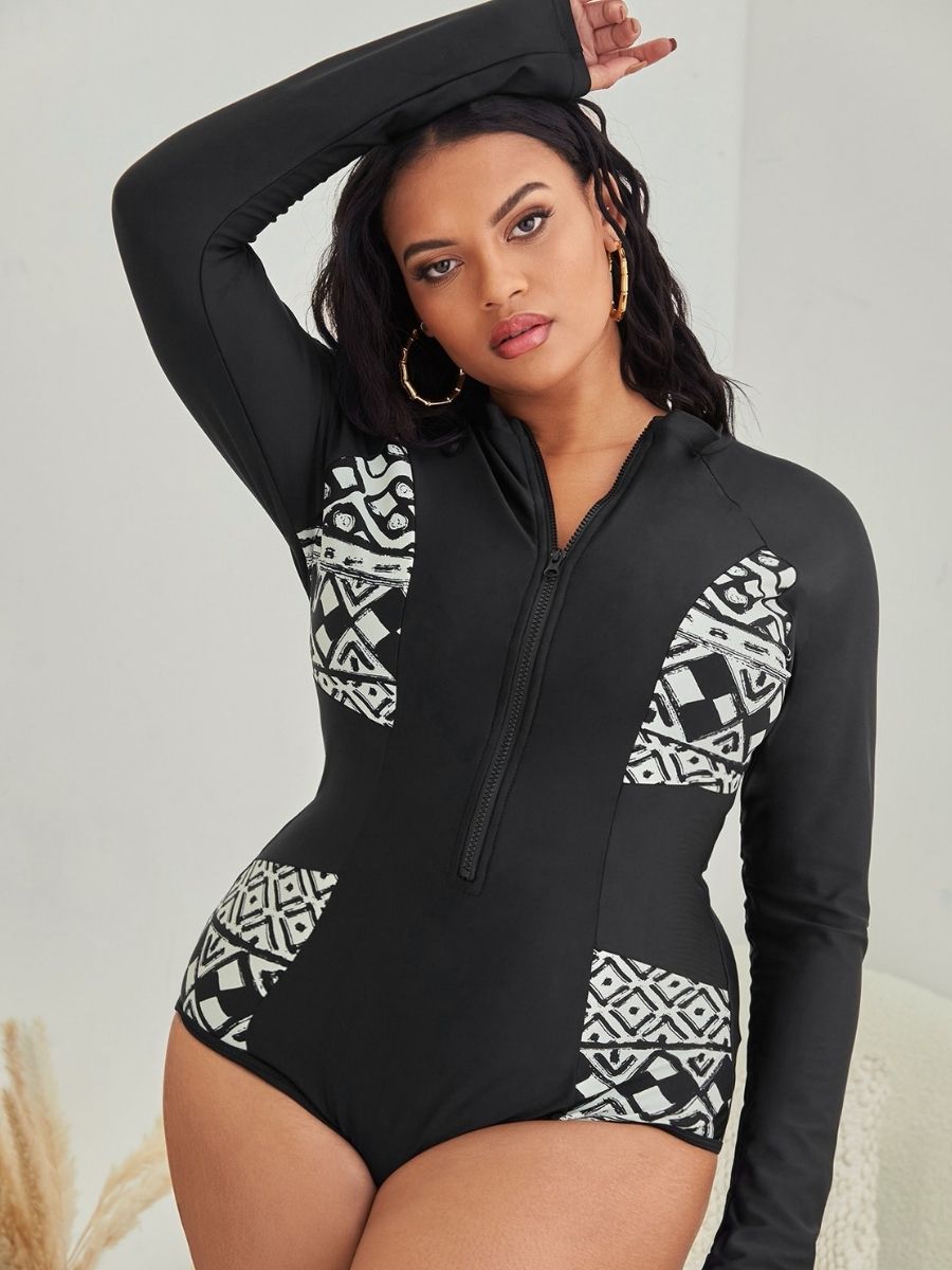 Plus Geometric Prints Zipper Front One Piece Swimsuit UPF50+ Rash Guard