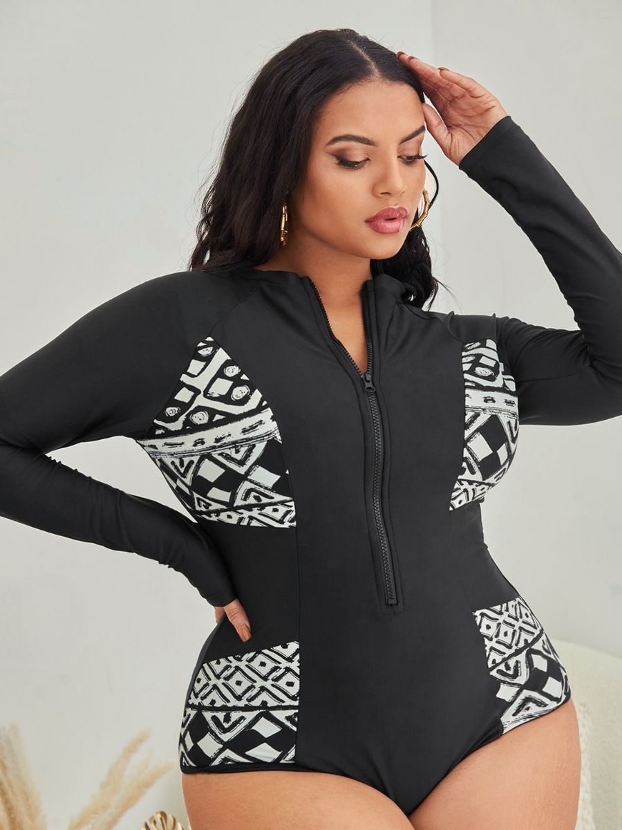 Plus Geometric Prints Zipper Front One Piece Swimsuit UPF50+ Rash Guard