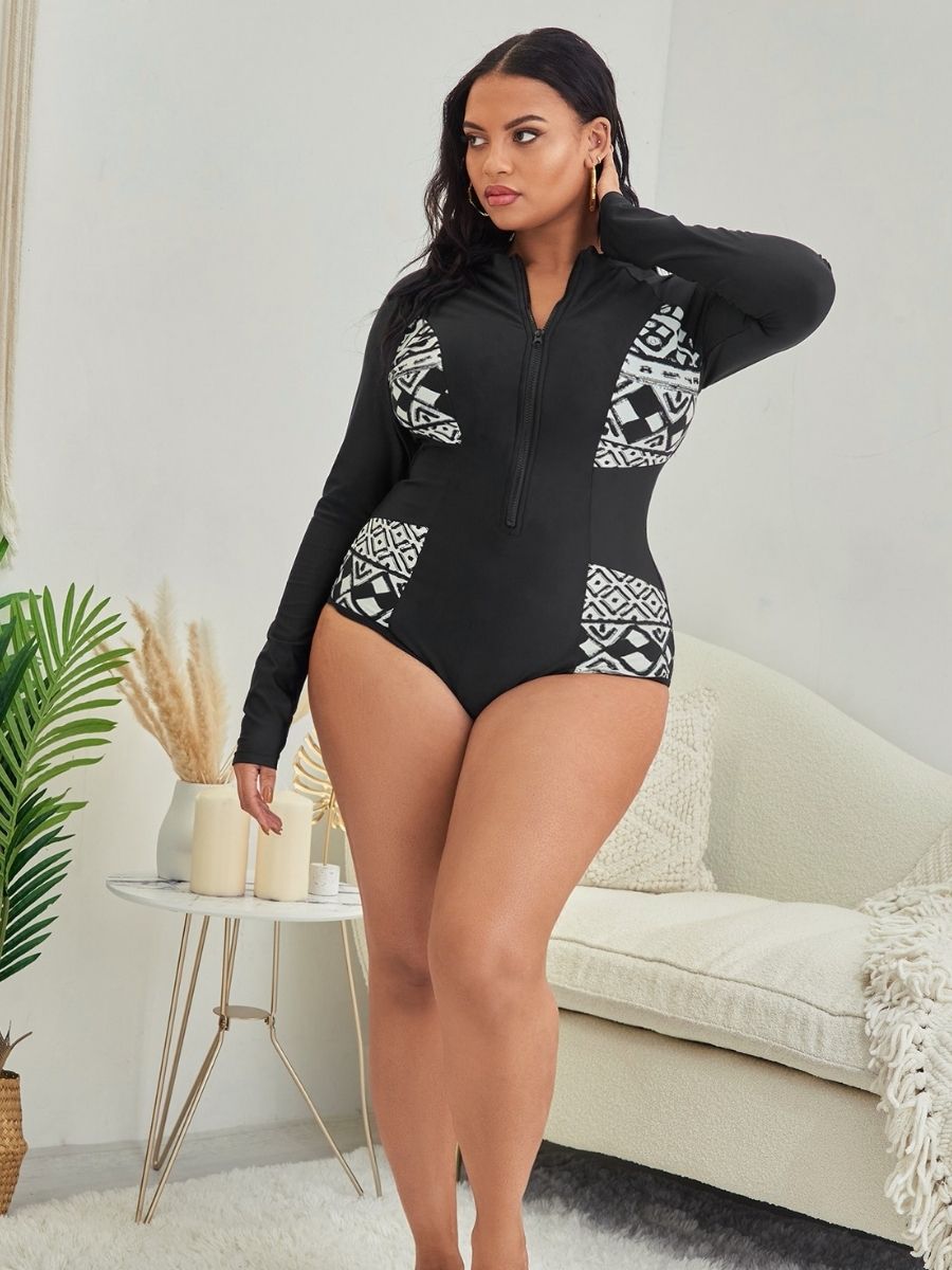 Plus Geometric Prints Zipper Front One Piece Swimsuit UPF50+ Rash Guard