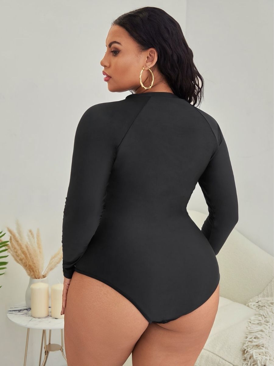 Plus Geometric Prints Zipper Front One Piece Swimsuit UPF50+ Rash Guard