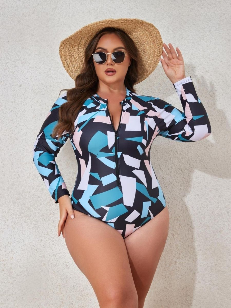 Plus Irregular Geometric Blue Print Long Sleeve Swimsuit UPF50+ Rash Guard