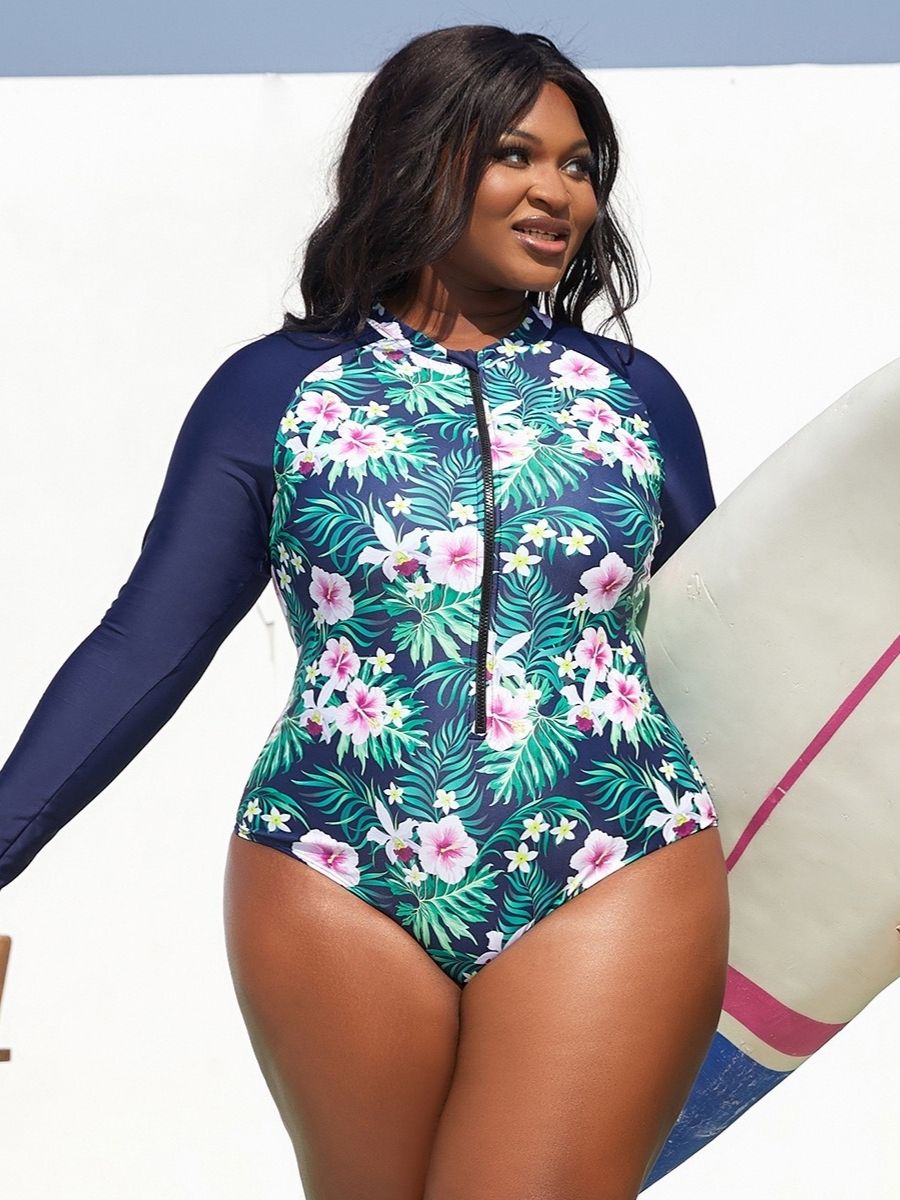 Tropical Flowers Print Long Sleeve Plus Size Swimsuit UPF50+ Rash Guard