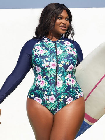 Tropical Flowers Print Long Sleeve Plus Size Swimsuit UPF50+ Rash Guard