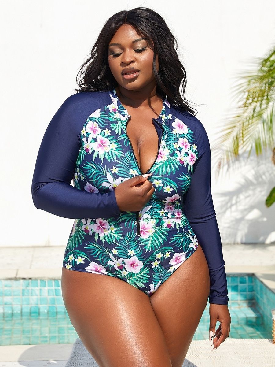 Tropical Flowers Print Long Sleeve Plus Size Swimsuit UPF50+ Rash Guard