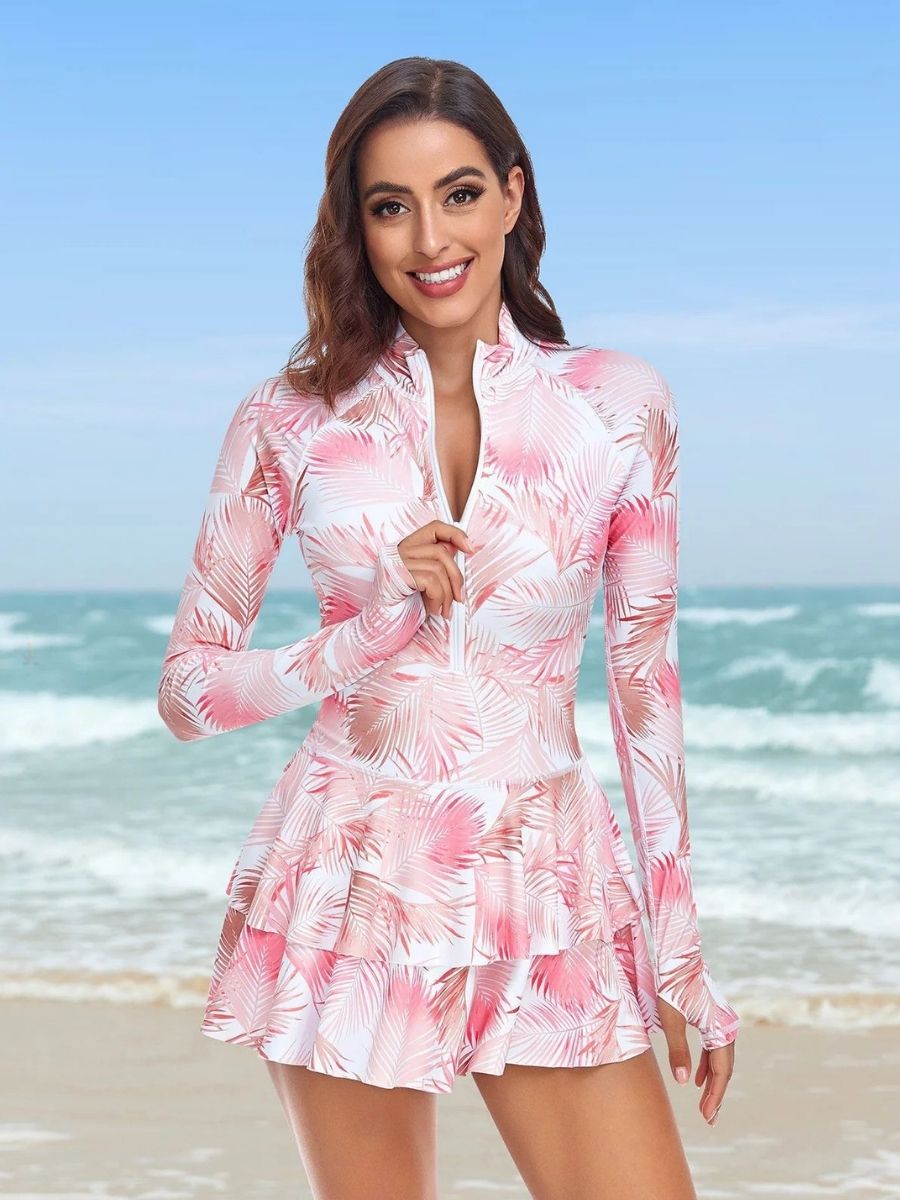 One-Piece Long Sleeve UPF50+ Ruffle Skirt Swim Suit