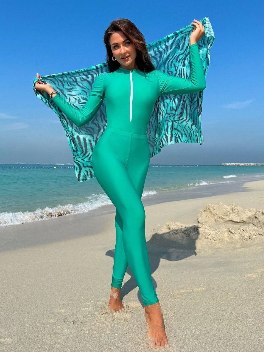 Women's Muslim Modest Front Zipper One-Piece Swimsuit UPF50+ Rash Guard With Skirt And Pants