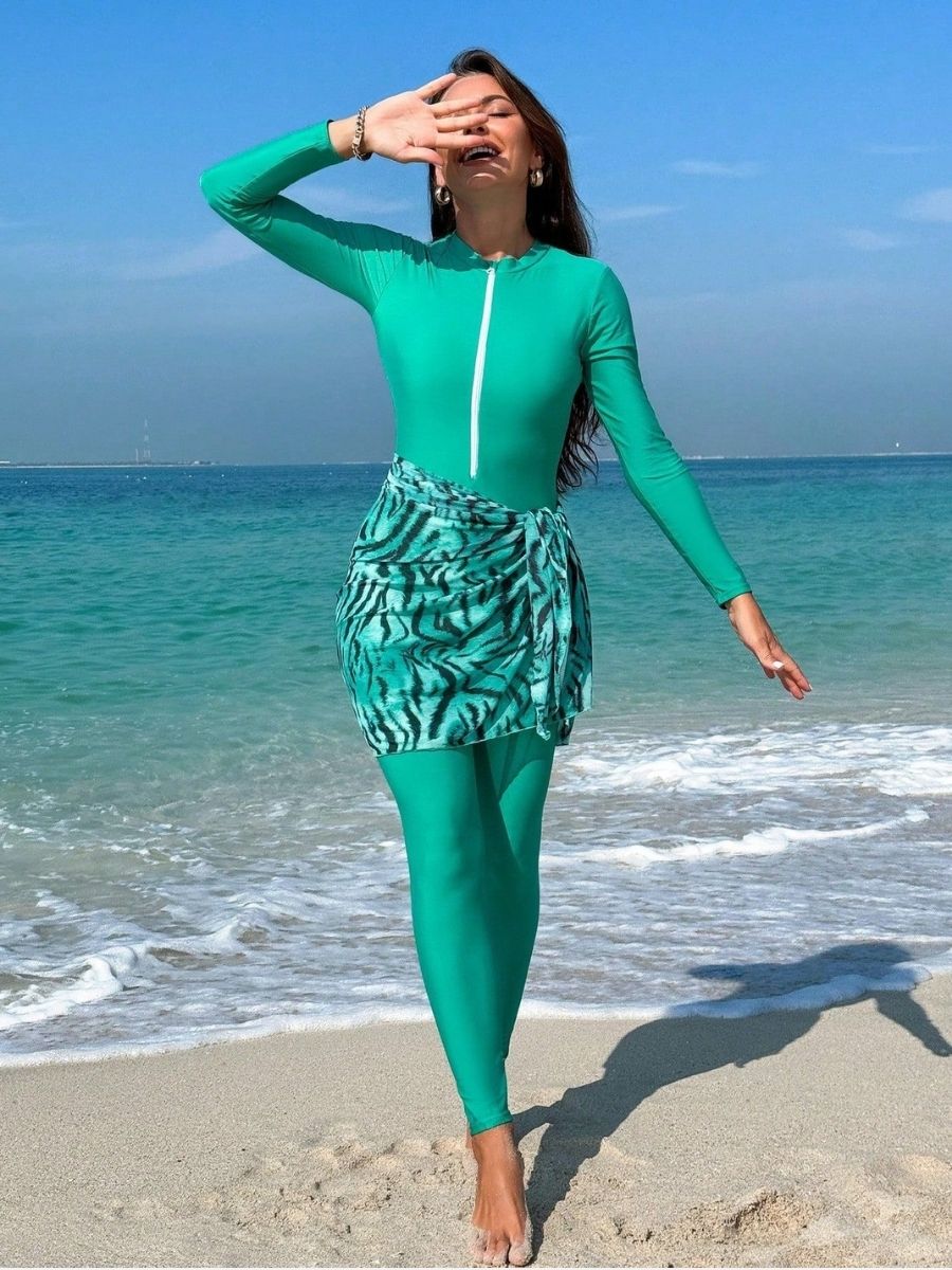 Women's Muslim Modest Front Zipper One-Piece Swimsuit UPF50+ Rash Guard With Skirt And Pants