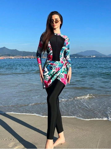 Muslim Modest Contrast Floral Print Long Sleeve Burkini Set UPF50+ Rash Guard With Skirt And Pants