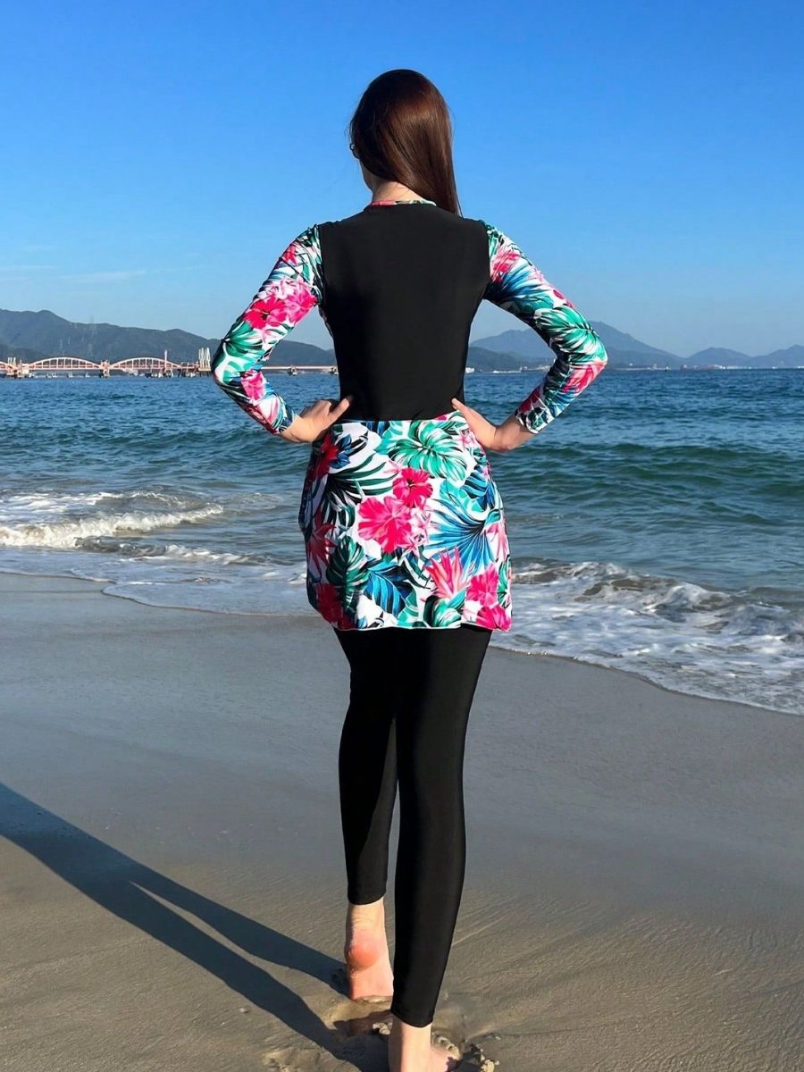 Muslim Modest Contrast Floral Print Long Sleeve Burkini Set UPF50+ Rash Guard With Skirt And Pants