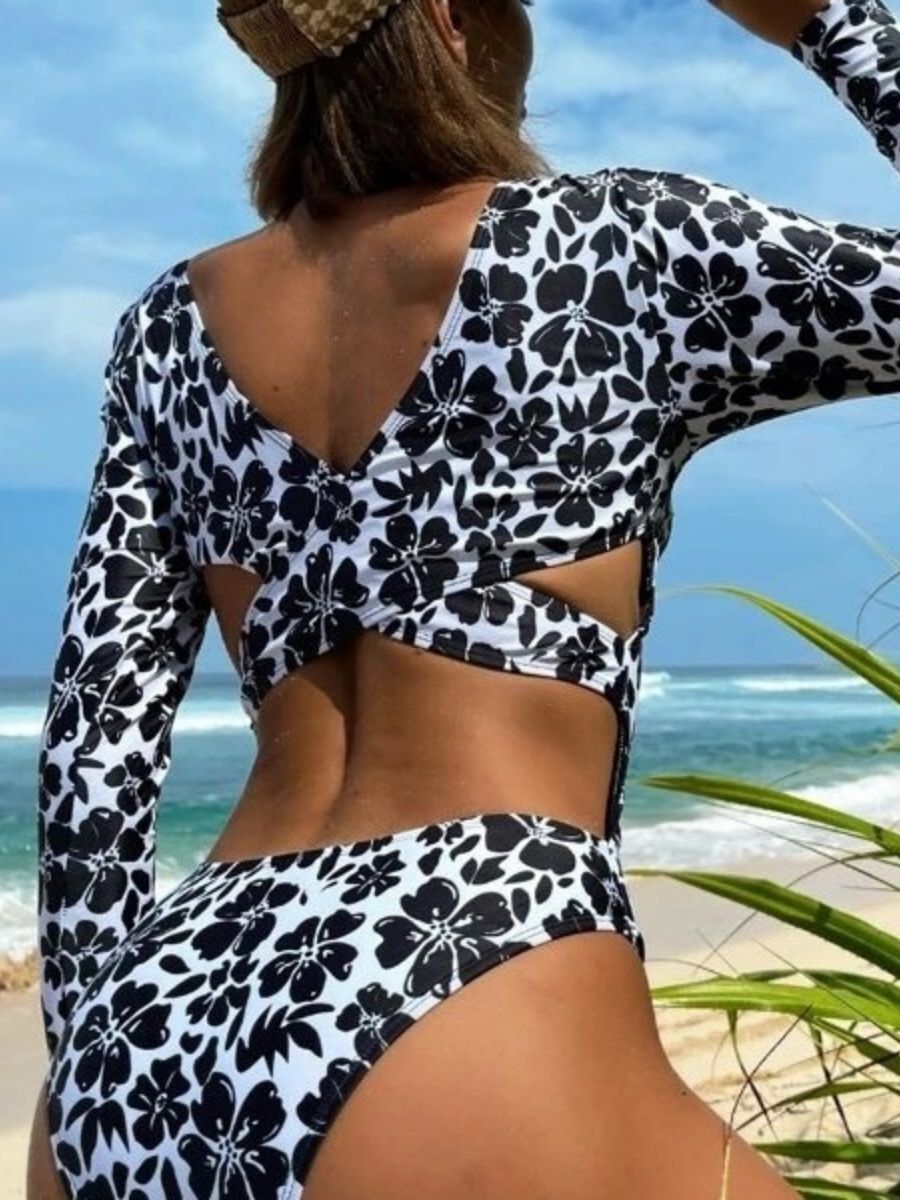 Black Disty Floral Cut Out Long Sleeve Zip UPF50+ Rash Guard