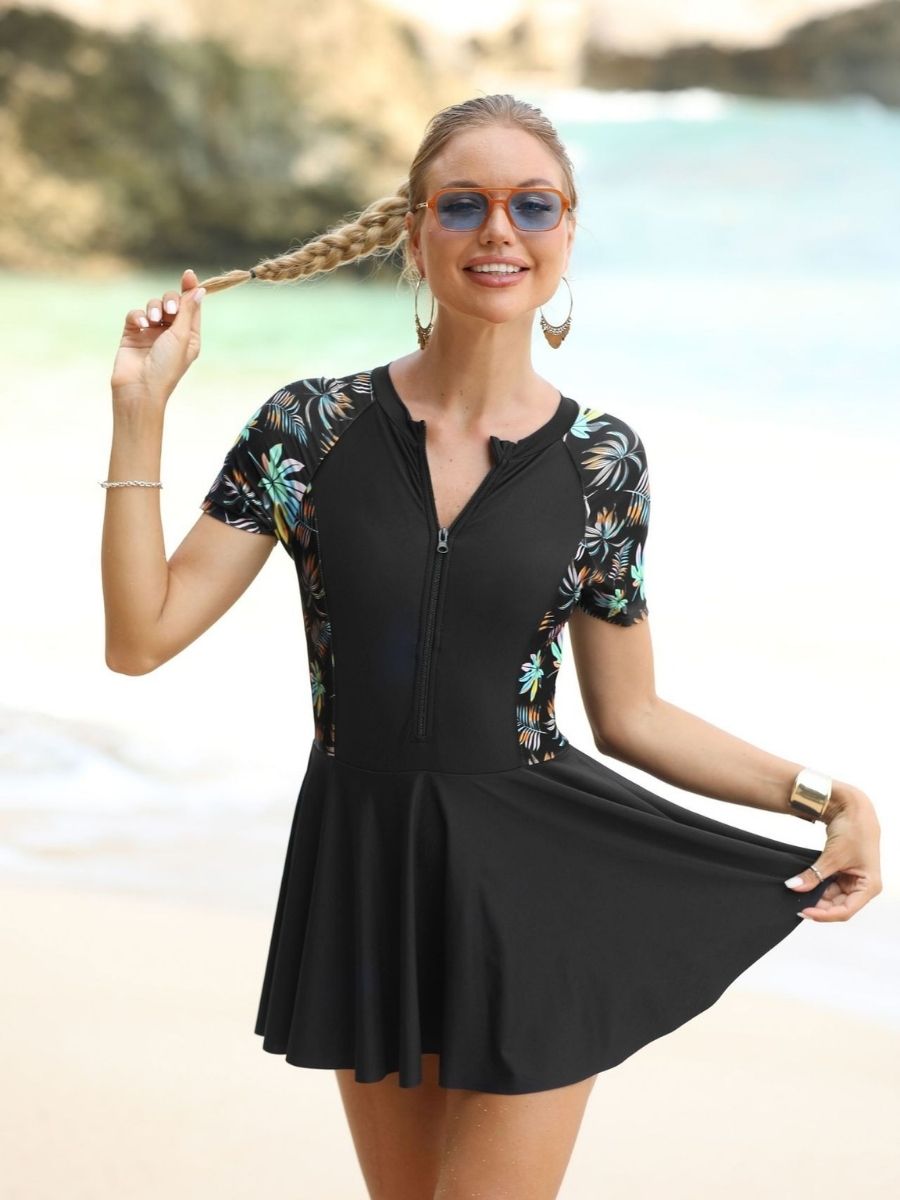Floral Print Front Zip Black Short Sleeve Triangle Bottom One-piece Women Swimdress
