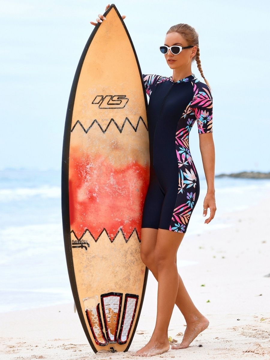 Floral Print Front Zip Short Sleeve Boyleg One-piece Jumpsuit Women Diveskin Swimsuit