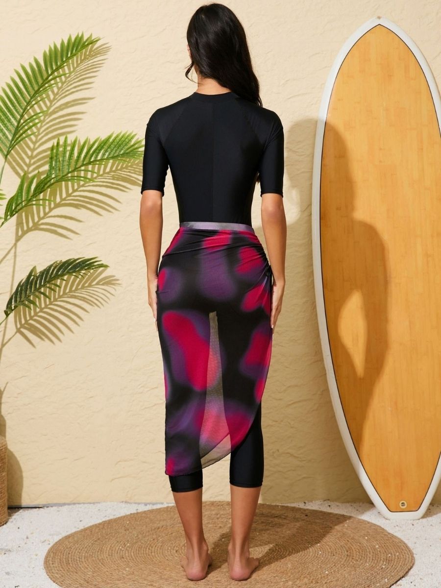 Front Zip Short Sleeve Boyleg One-piece Jumpsuit Women Diveskin Swimsuit With Cover Up