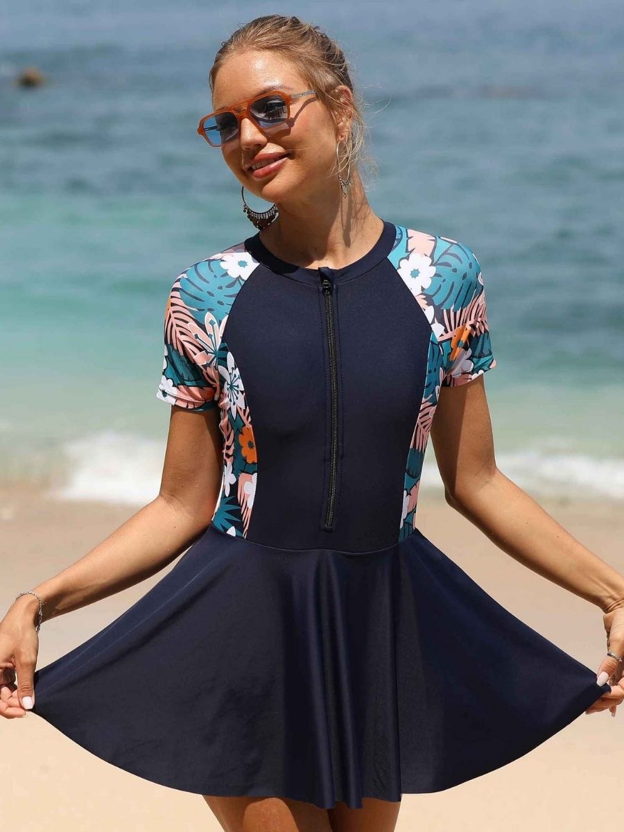 Navy Floral Print Front Zip Short Sleeve Triangle Bottom One-piece Swimdress