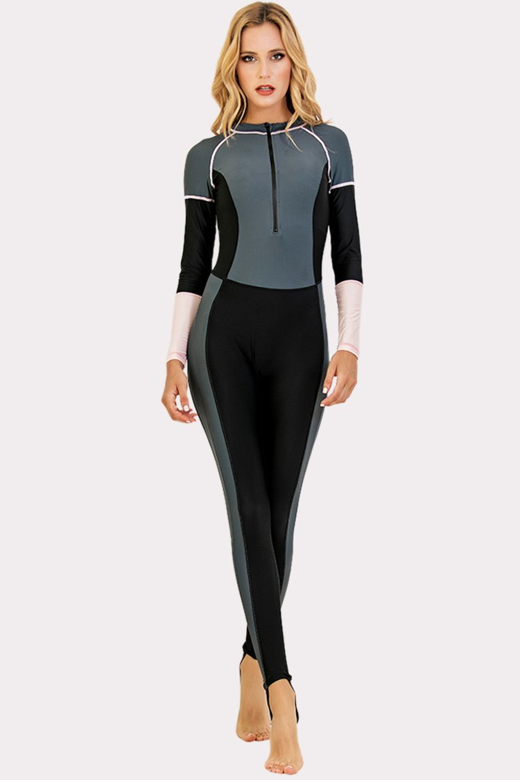 Front Half-Zipper Grey One Piece Surfing Wetsuit-| Fashion Outdoor Clothing