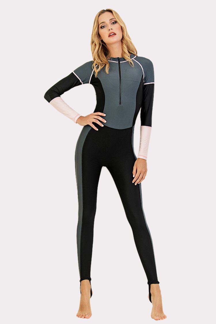 Front Half-Zipper Grey One Piece Surfing Wetsuit-| Fashion Outdoor Clothing