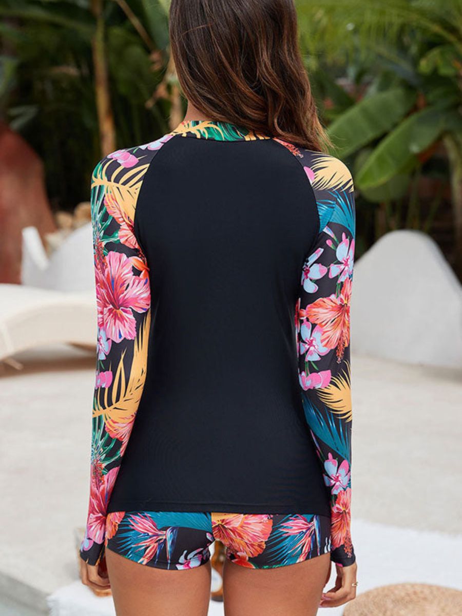 Women's Tropical Plant Print Long Sleeve Two-Piece Swimsuit UPF50+ Rash Guard